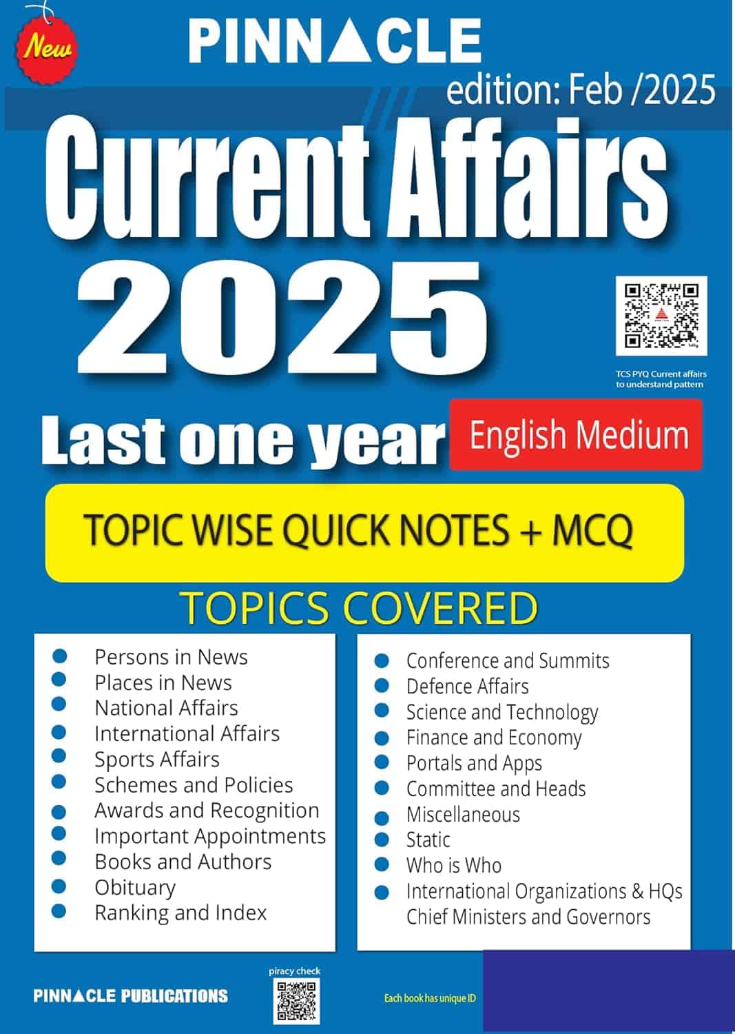 Pinnacle Current Affairs 2025 - Topicwise Quick Notes + MCQ [English Medium]